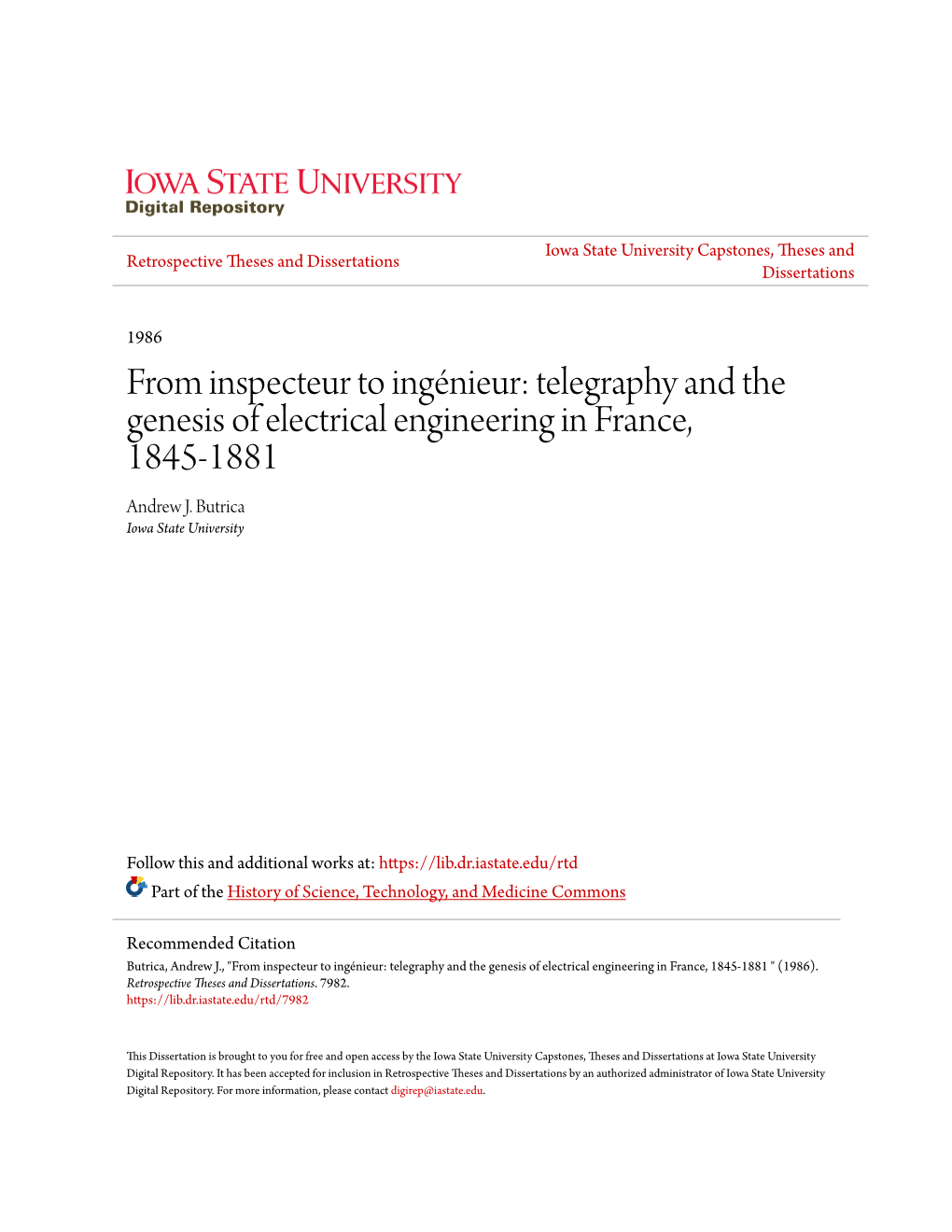 Telegraphy and the Genesis of Electrical Engineering in France, 1845-1881 Andrew J