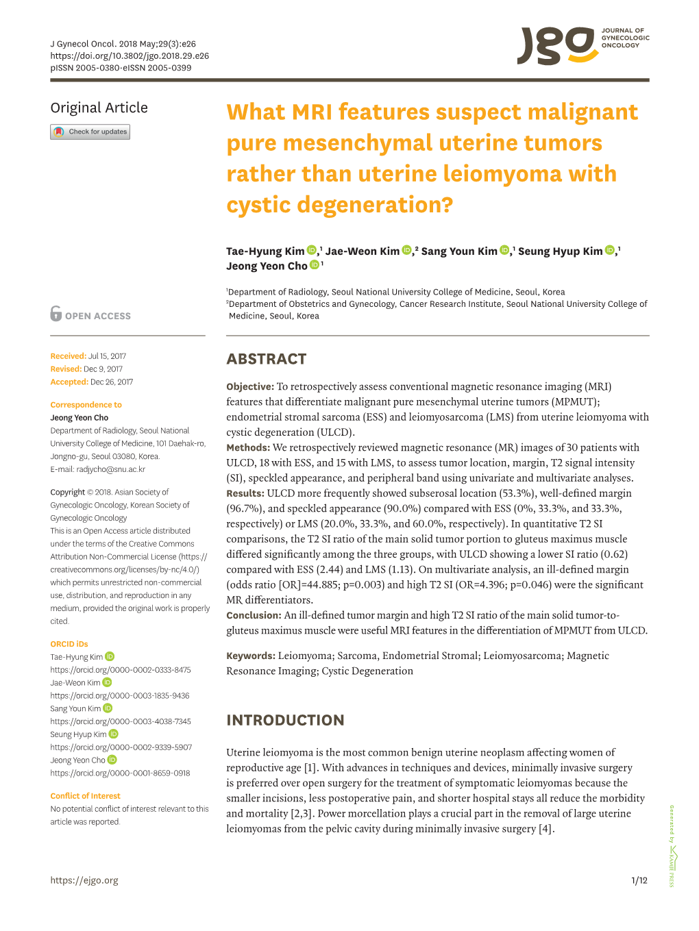 What MRI Features Suspect Malignant Pure Mesenchymal Uterine Tumors Rather Than Uterine Leiomyoma with Cystic Degeneration?