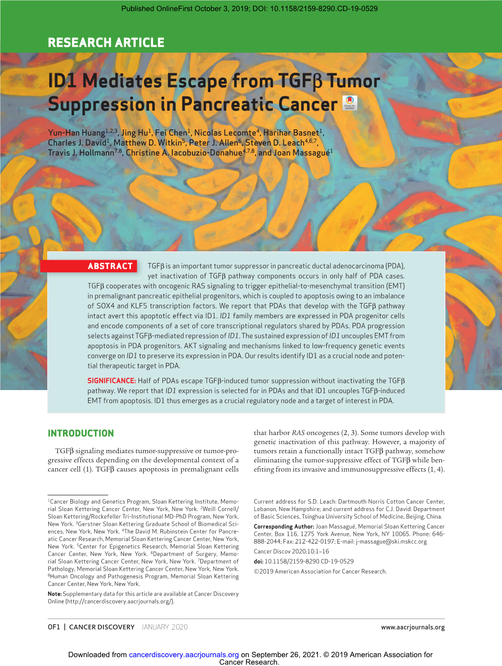 ID1 Mediates Escape from Tgfβ Tumor Suppression in Pancreatic Cancer