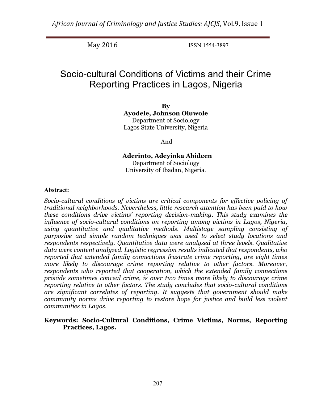 Socio-Cultural Conditions of Victims and Their Crime Reporting Practices in Lagos, Nigeria