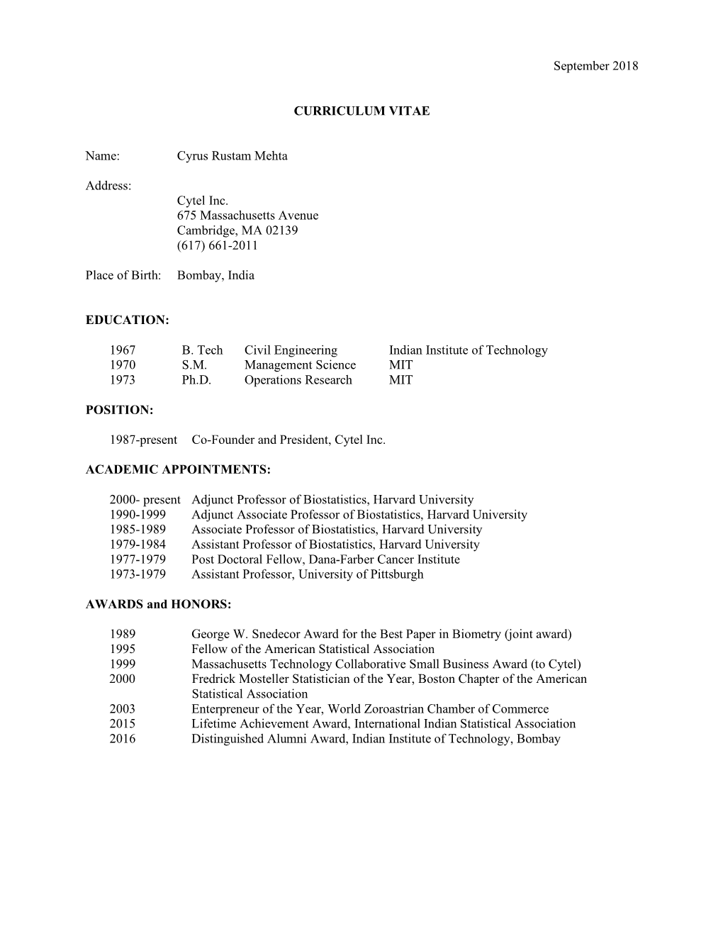 September 2018 CURRICULUM VITAE Name: Cyrus Rustam Mehta