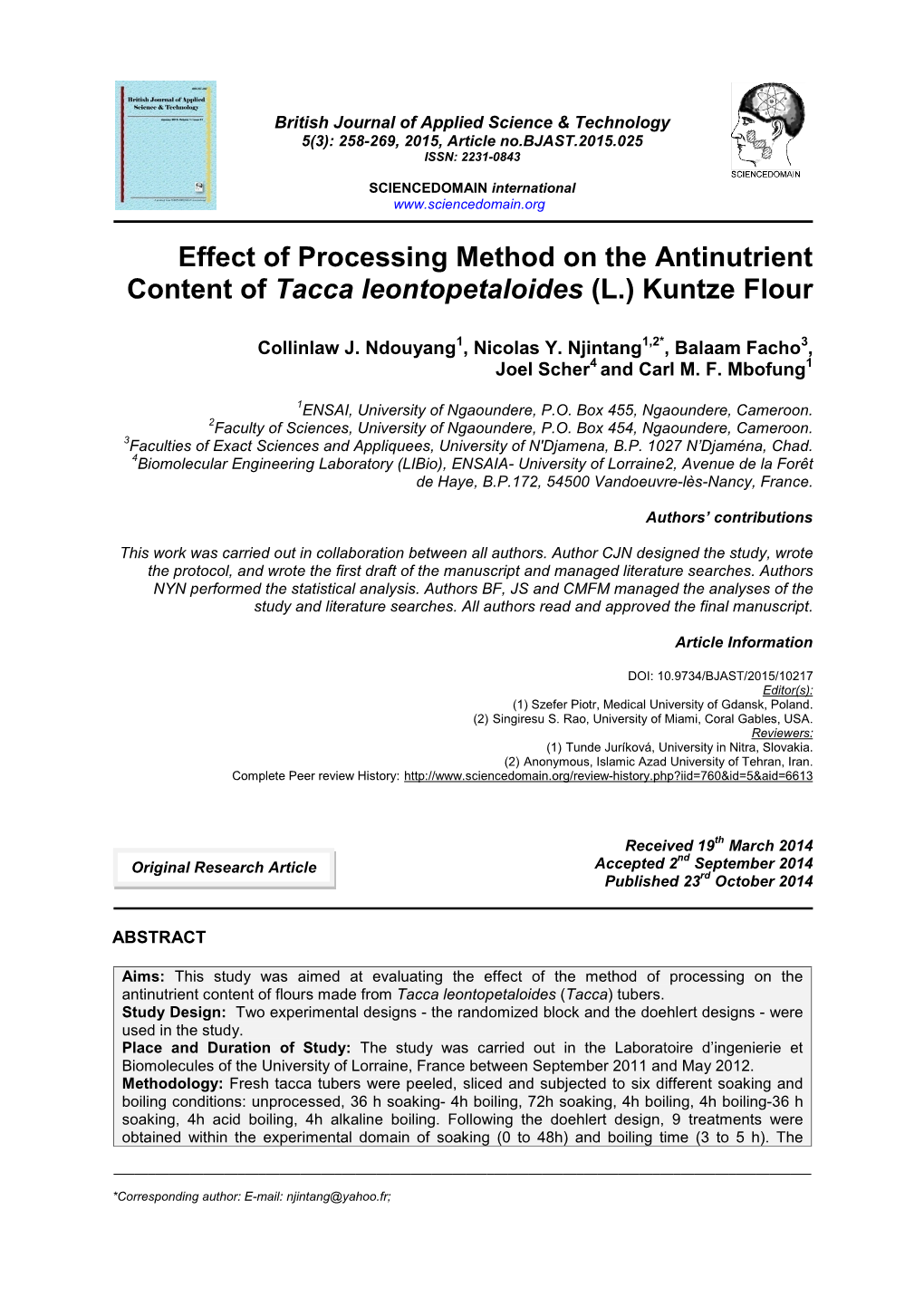 Effect of Processing Method on the Antinutrient Content of Tacca Leontopetaloides (L.) Kuntze Flour