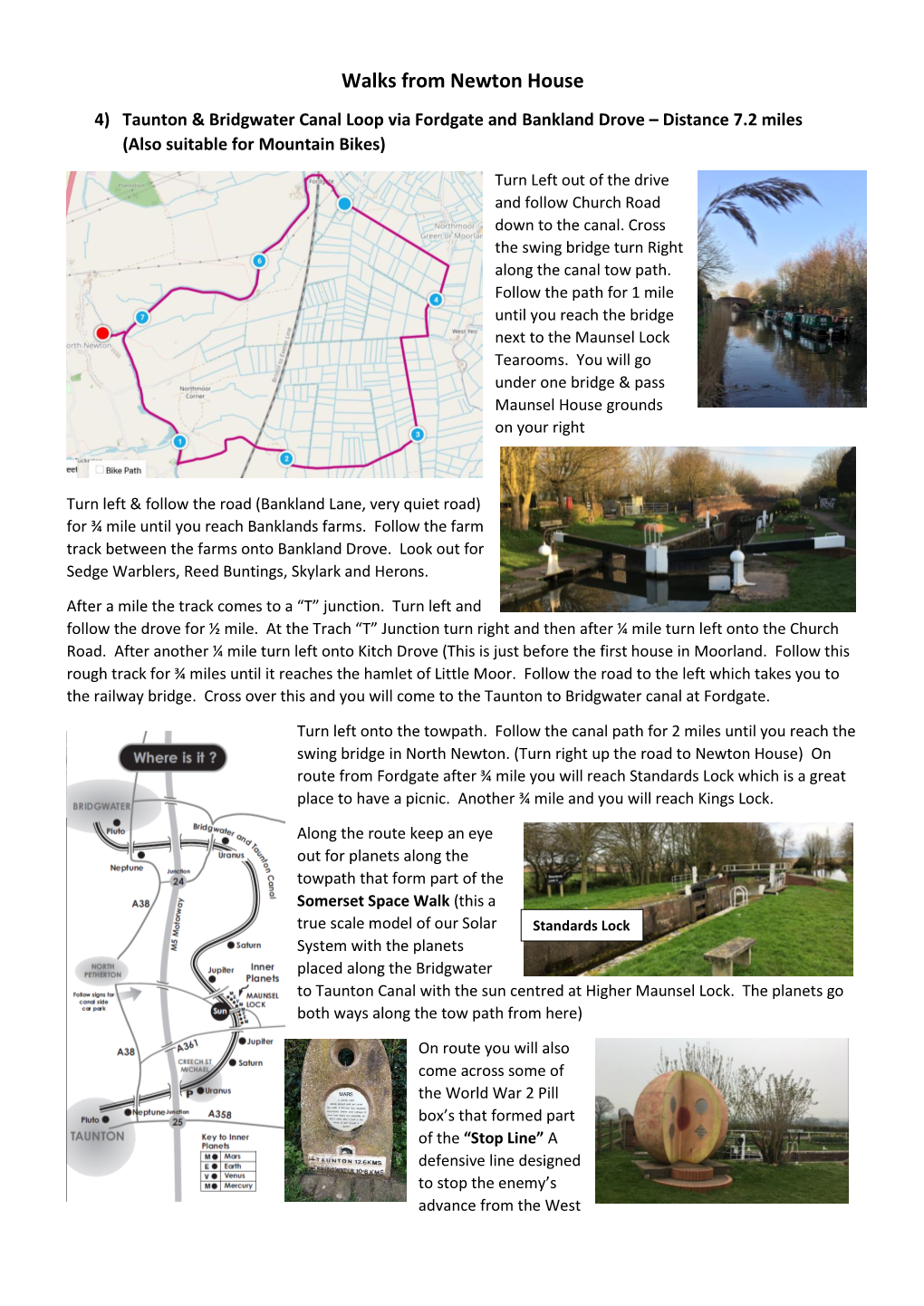 Walks from Newton House 4) Taunton & Bridgwater Canal Loop Via Fordgate and Bankland Drove – Distance 7.2 Miles (Also Suitable for Mountain Bikes)