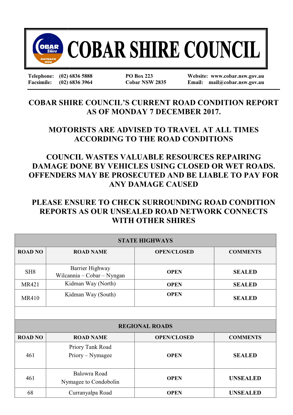 Cobar Shire Council's Current Road Condition Report As of Monday 7 December 2017. Motorists Are Advised to Travel at All Times