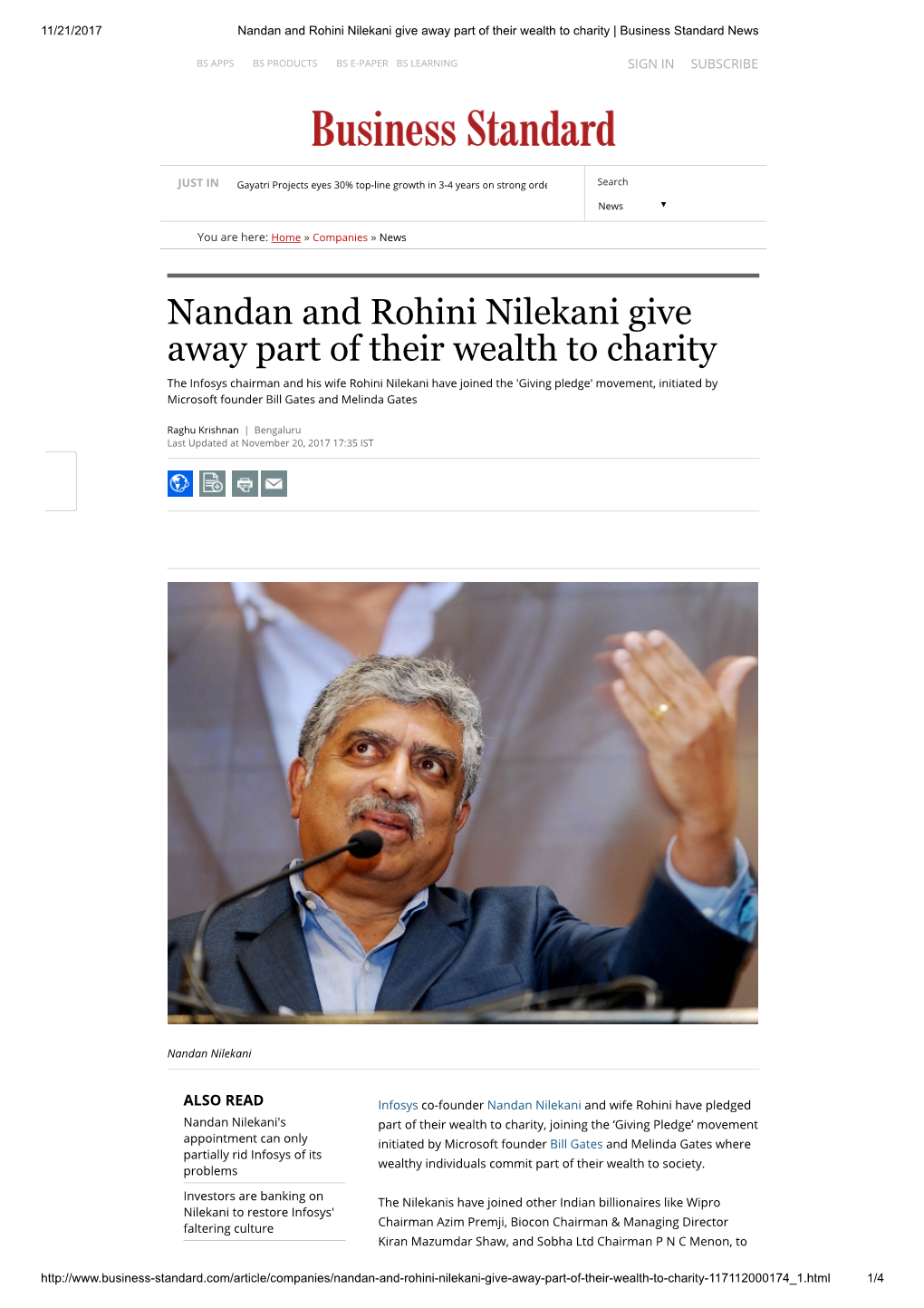 Nandan and Rohini Nilekani Give Away Part of Their Wealth to Charity | Business Standard News