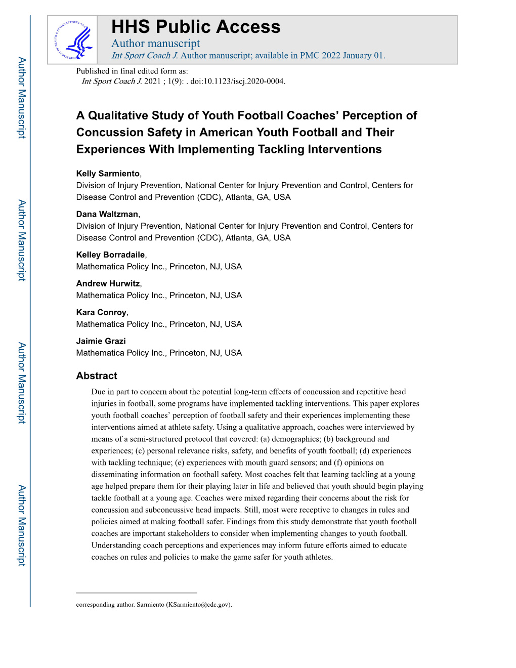 A Qualitative Study of Youth Football Coaches' Perception of Concussion
