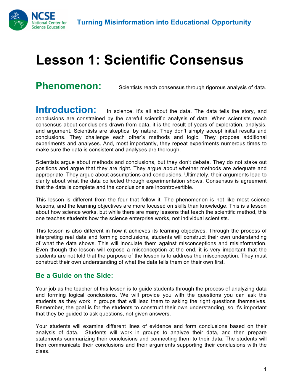 Lesson 1: Scientific Consensus