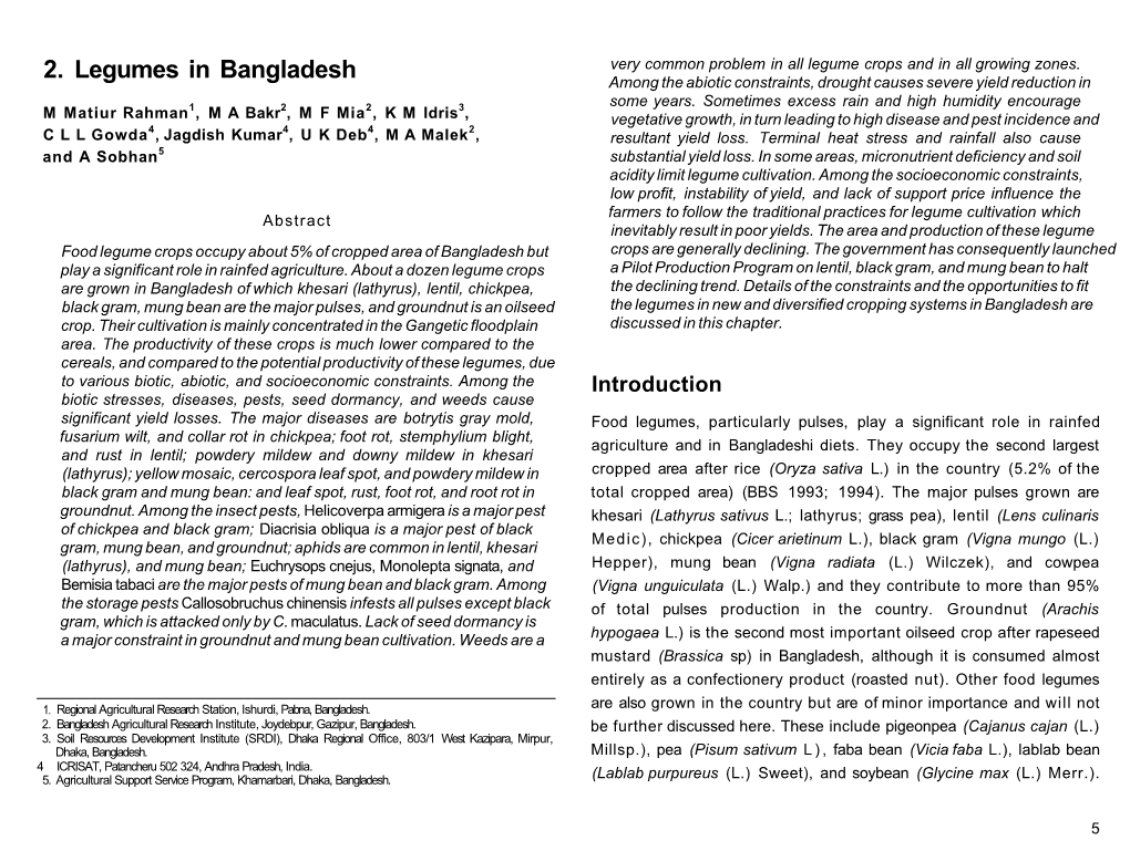 2. Legumes in Bangladesh Among the Abiotic Constraints, Drought Causes Severe Yield Reduction In