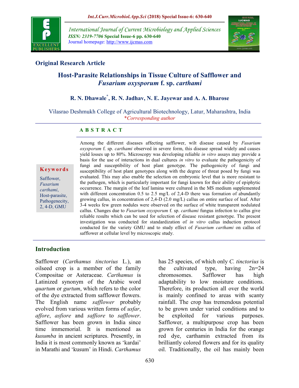 Host-Parasite Relationships in Tissue Culture of Safflower and Fusarium Oxysporum F