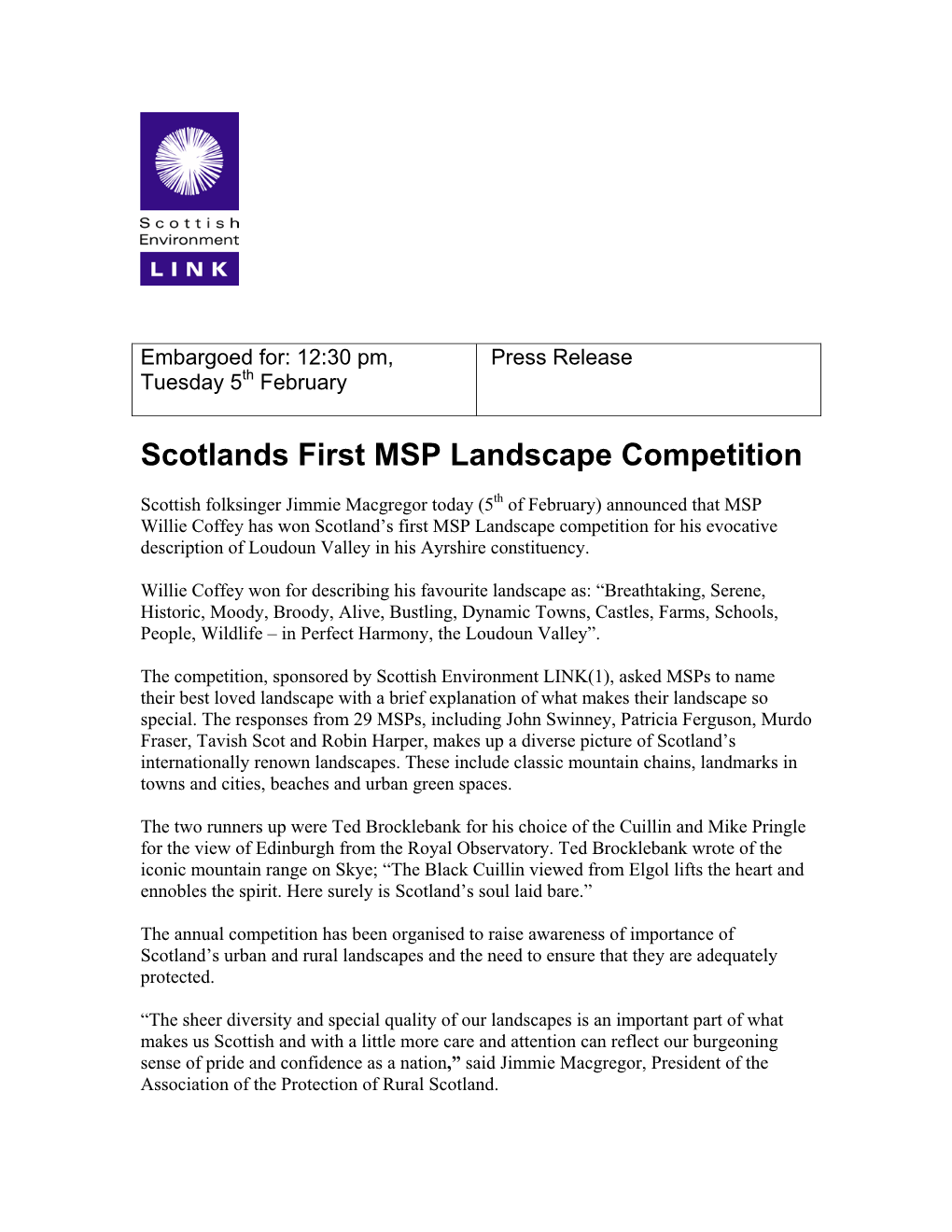 Scotlands First MSP Landscape Competition