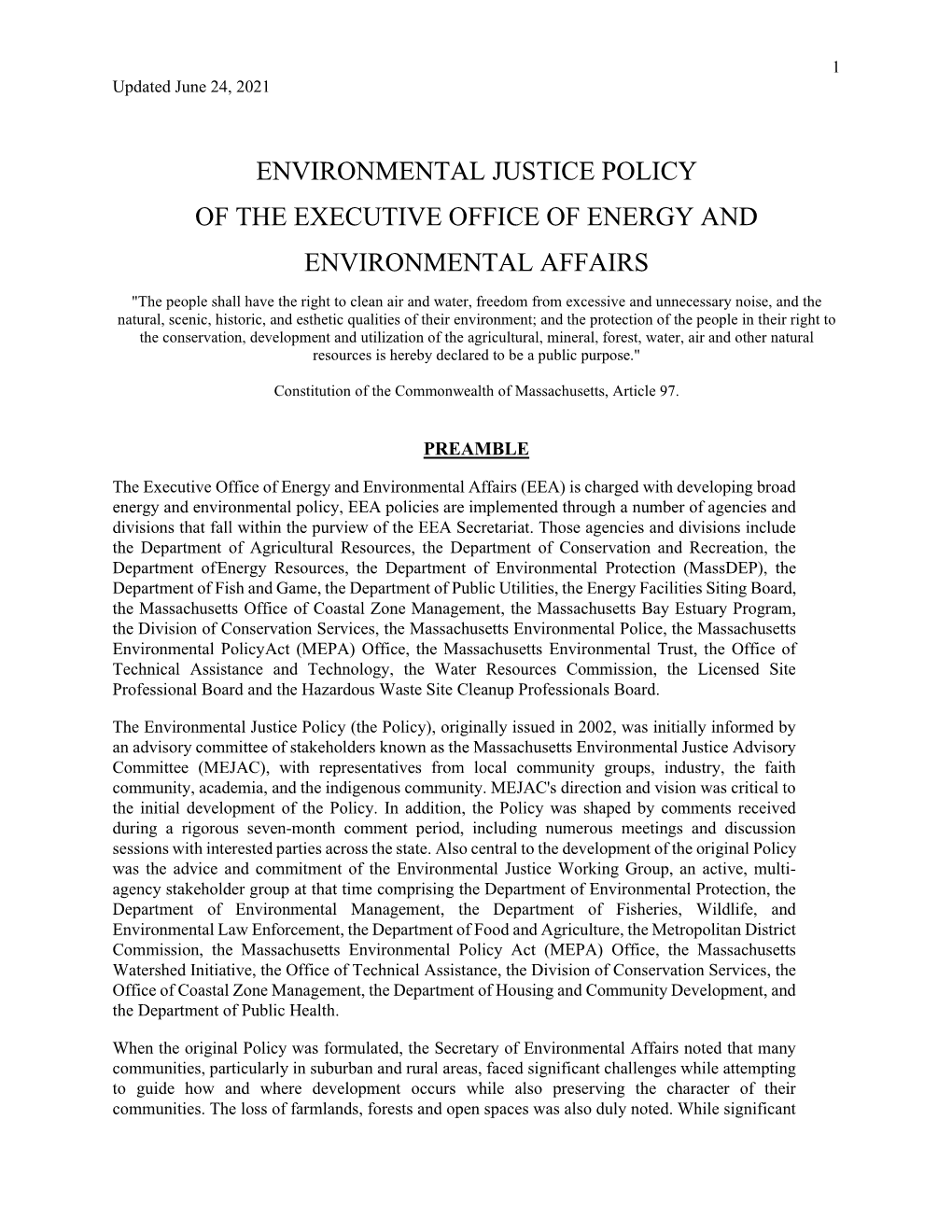 Environmental Justice Policy of the Executive Office of Energy and Environmental Affairs