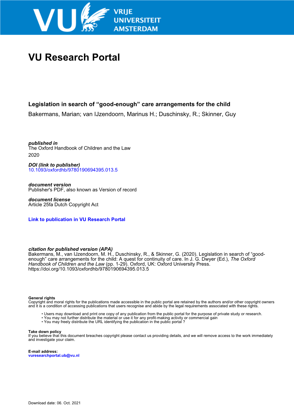 Care Arrangements for the Child Bakermans, Marian; Van Ijzendoorn, Marinus H.; Duschinsky, R.; Skinner, Guy