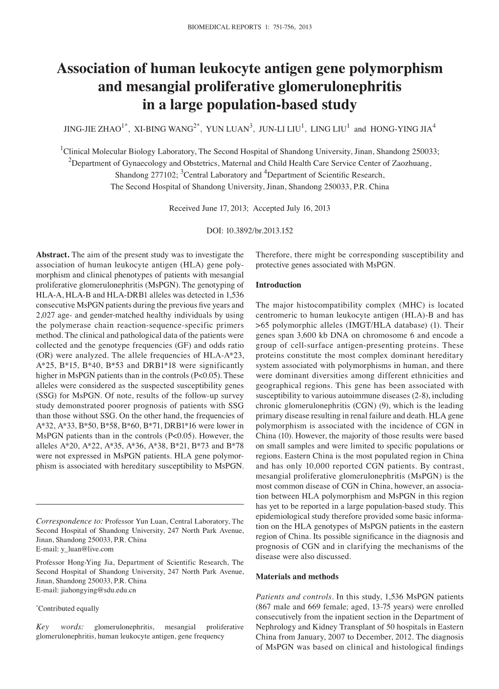 Association of Human Leukocyte Antigen Gene Polymorphism and Mesangial Proliferative Glomerulonephritis in a Large Population‑Based Study