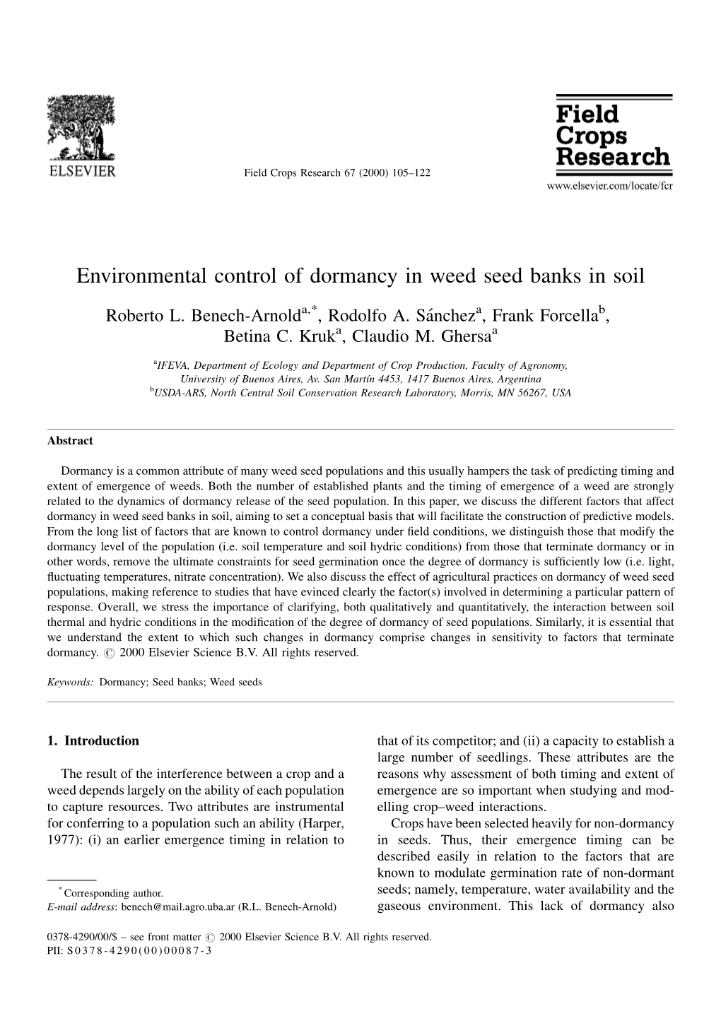 Environmental Control of Dormancy in Weed Seed Banks in Soil