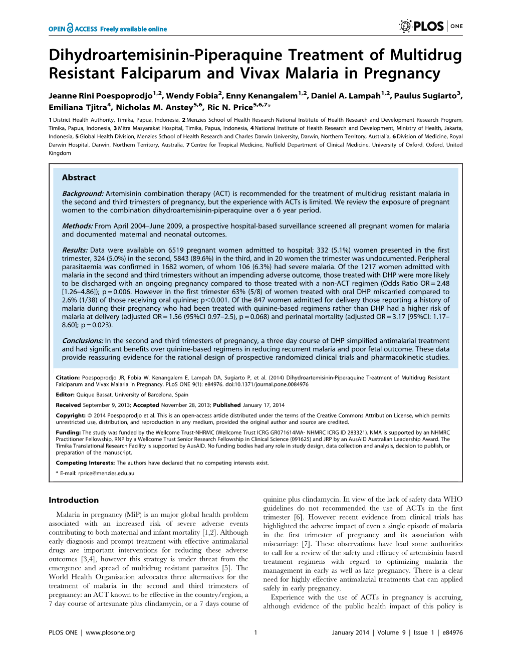 Dihydroartemisinin-Piperaquine Treatment of Multidrug Resistant Falciparum and Vivax Malaria in Pregnancy