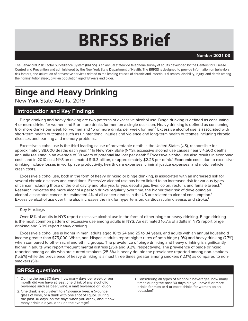 Binge and Heavy Drinking, New York State Adults, 2019. BRFSS Brief. Number 2021-03