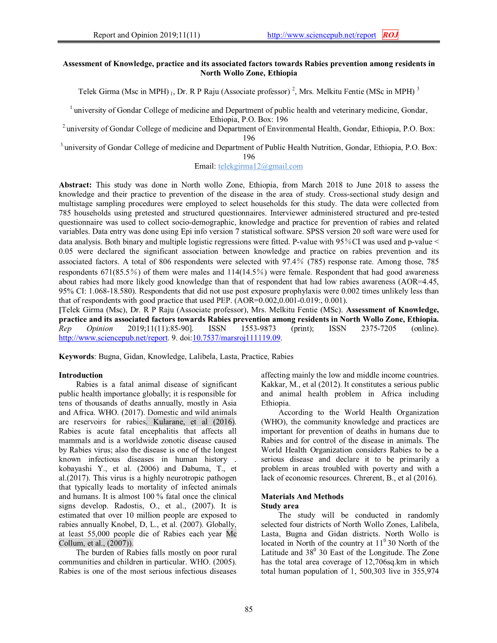 Report and Opinion 2019;11(11) ROJ 85 Assessment of Knowledge, Practice and Its Associated