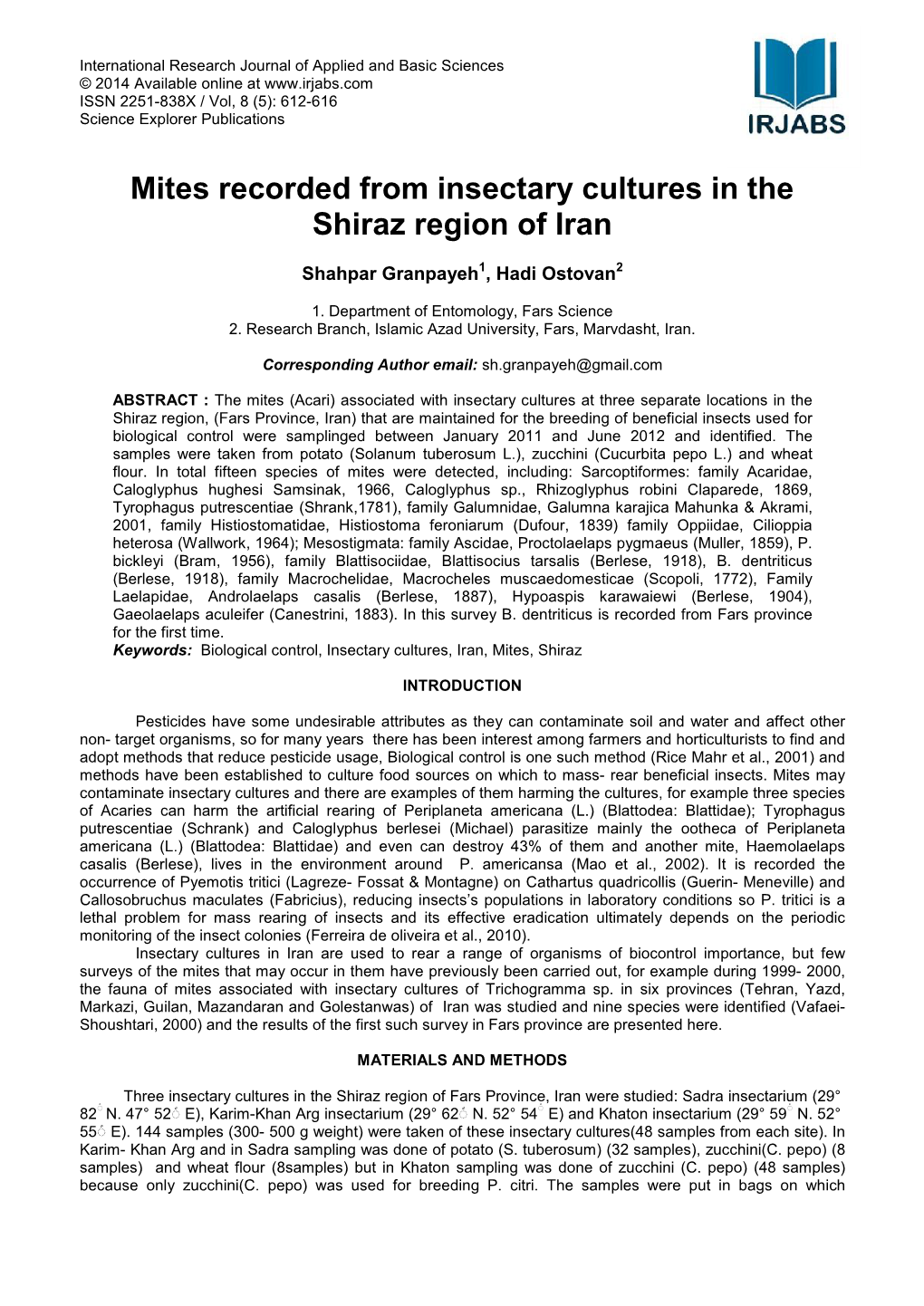 Mites Recorded from Insectary Cultures in the Shiraz Region of Iran