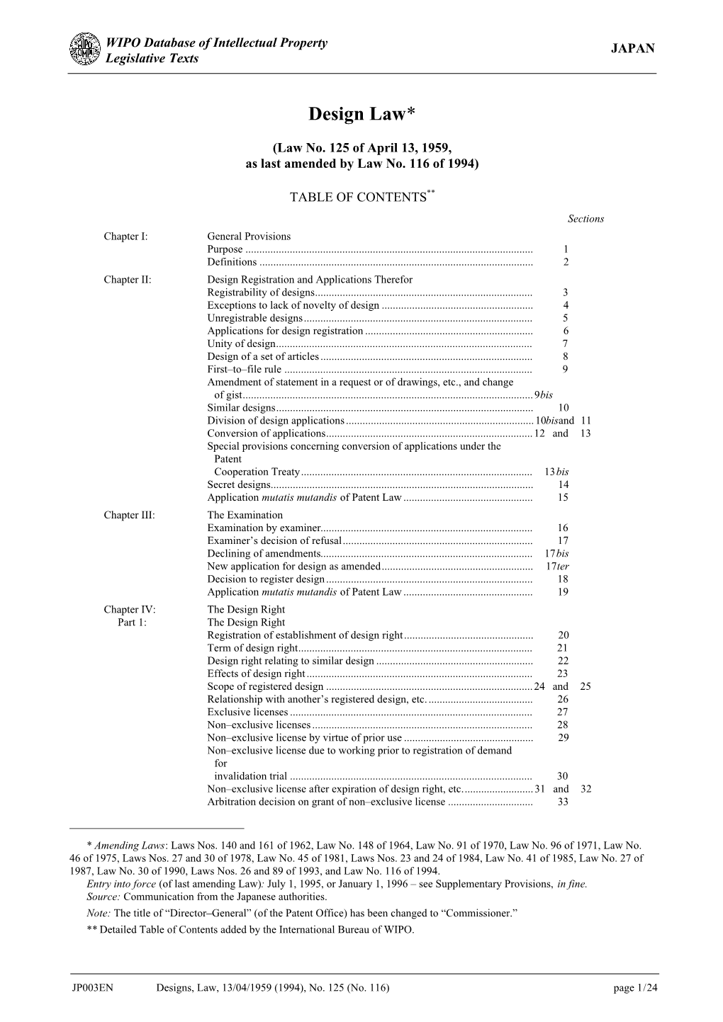 JP003: Designs, Law (Consolidation), 13/04/1959 (14/12/1994)