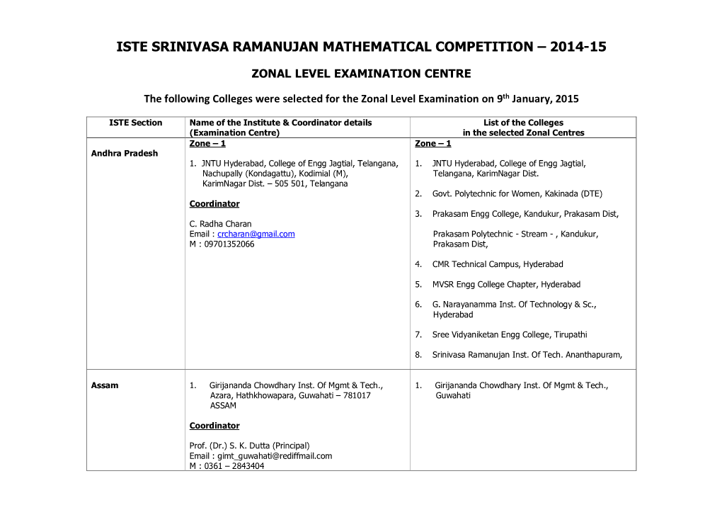 Iste Srinivasa Ramanujan Mathematical Competition – 2014-15