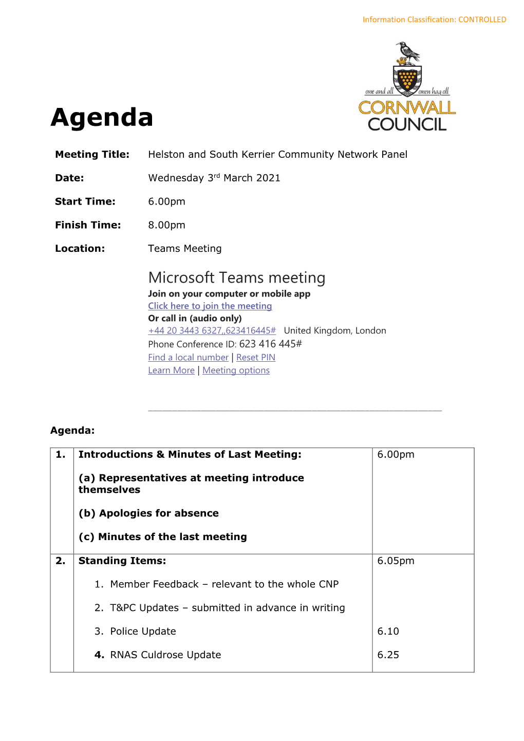 Helston & South Kerrier CNP 3 March 2021 Agenda