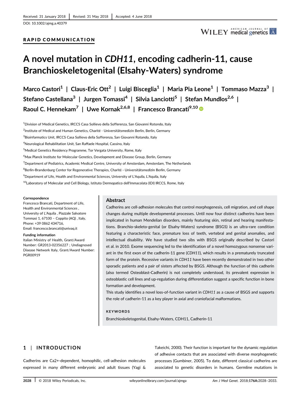 A Novel Mutation in CDH11, Encoding Cadherin-11, Cause Branchioskeletogenital (Elsahy-Waters) Syndrome