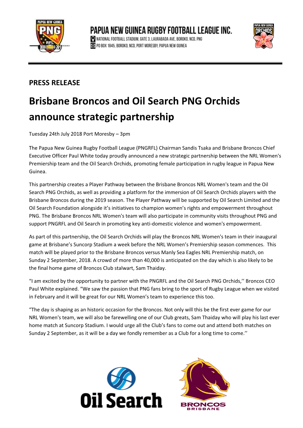 Brisbane Broncos and Oil Search PNG Orchids Announce Strategic Partnership