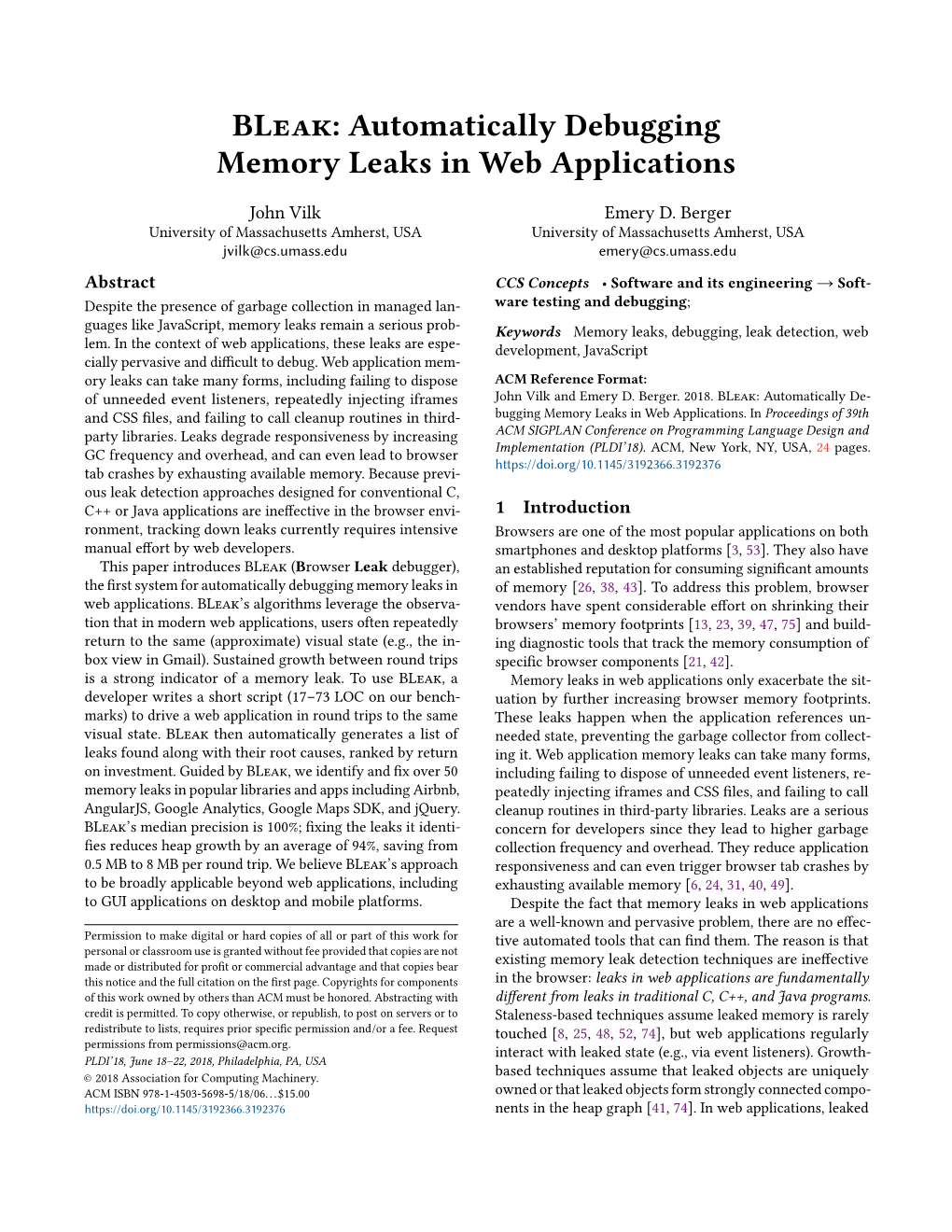 BL : Automatically Debugging Memory Leaks in Web Applications