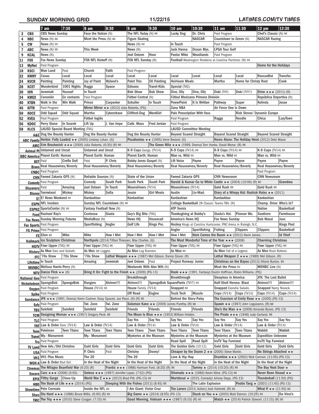 Sunday Morning Grid 11/22/15 Latimes.Com/Tv Times