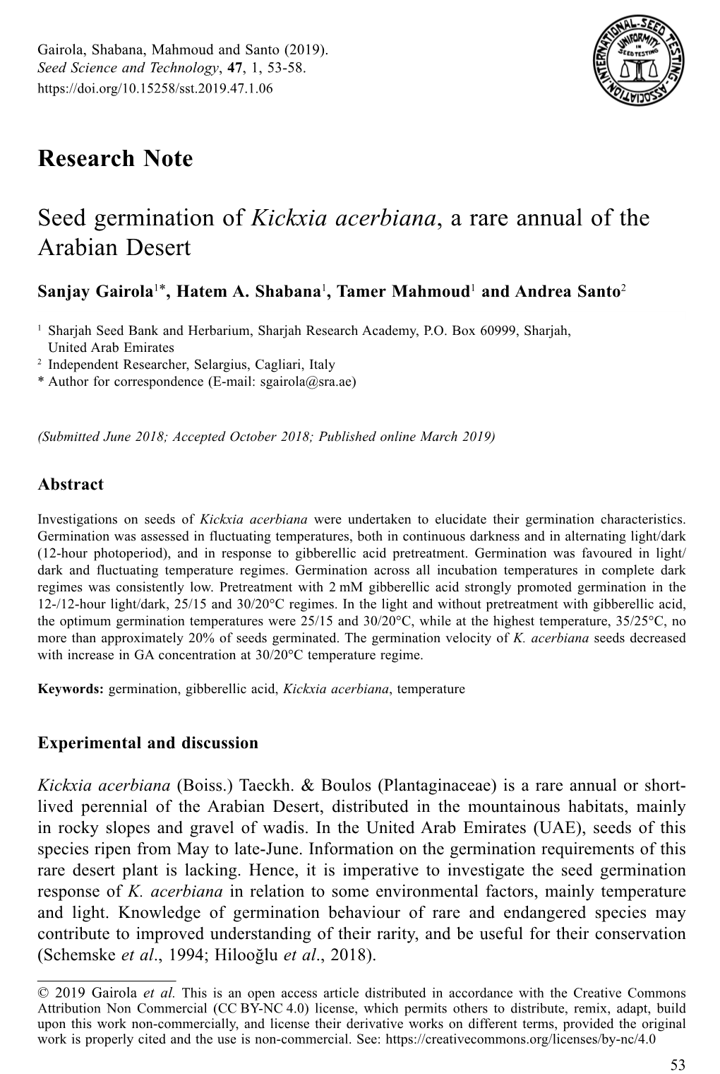 Seed Germination of &lt;I&gt;Kickxia Acerbiana&lt;/I&gt;