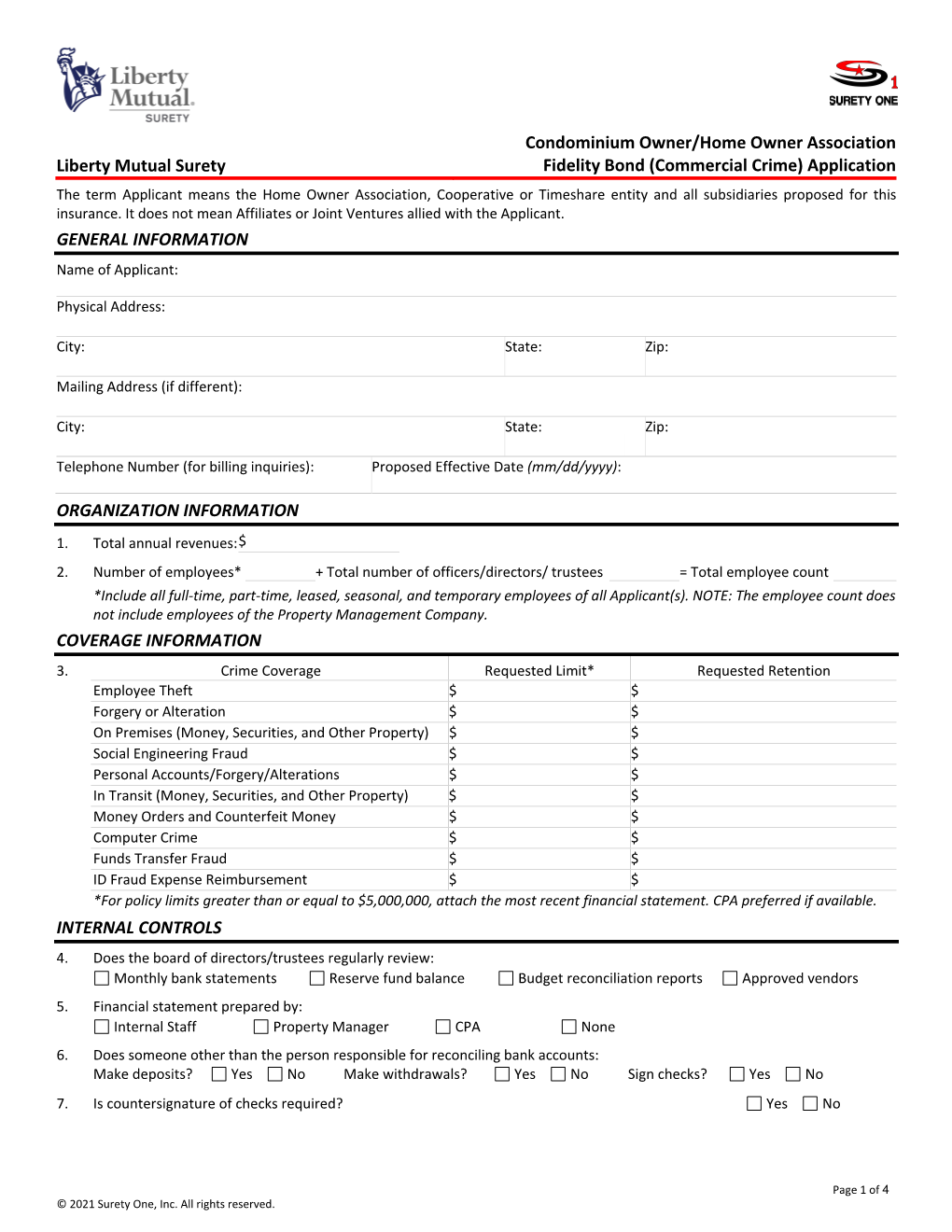 Homeowner's Association Fidelity Bond Application