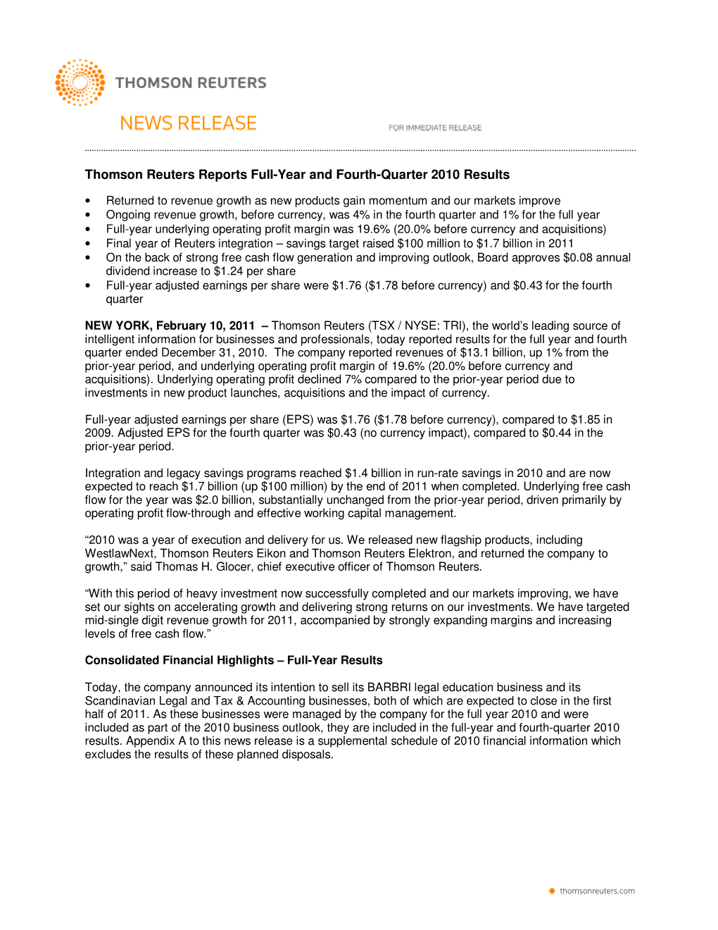 Thomson Reuters Reports Full-Year and Fourth-Quarter 2010 Results