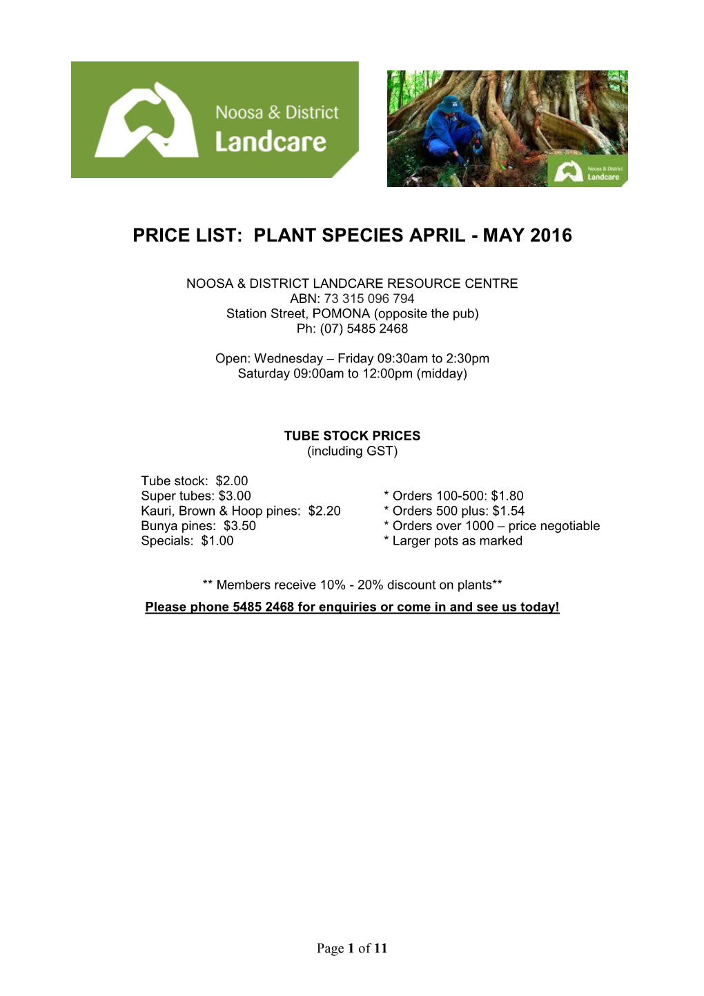 Price List: Plant Species April - May 2016