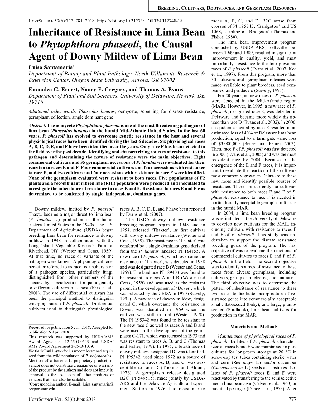 Inheritance of Resistance in Lima Bean to Phytophthora Phaseoli, the Causal Agent of Downy Mildew of Lima Bean