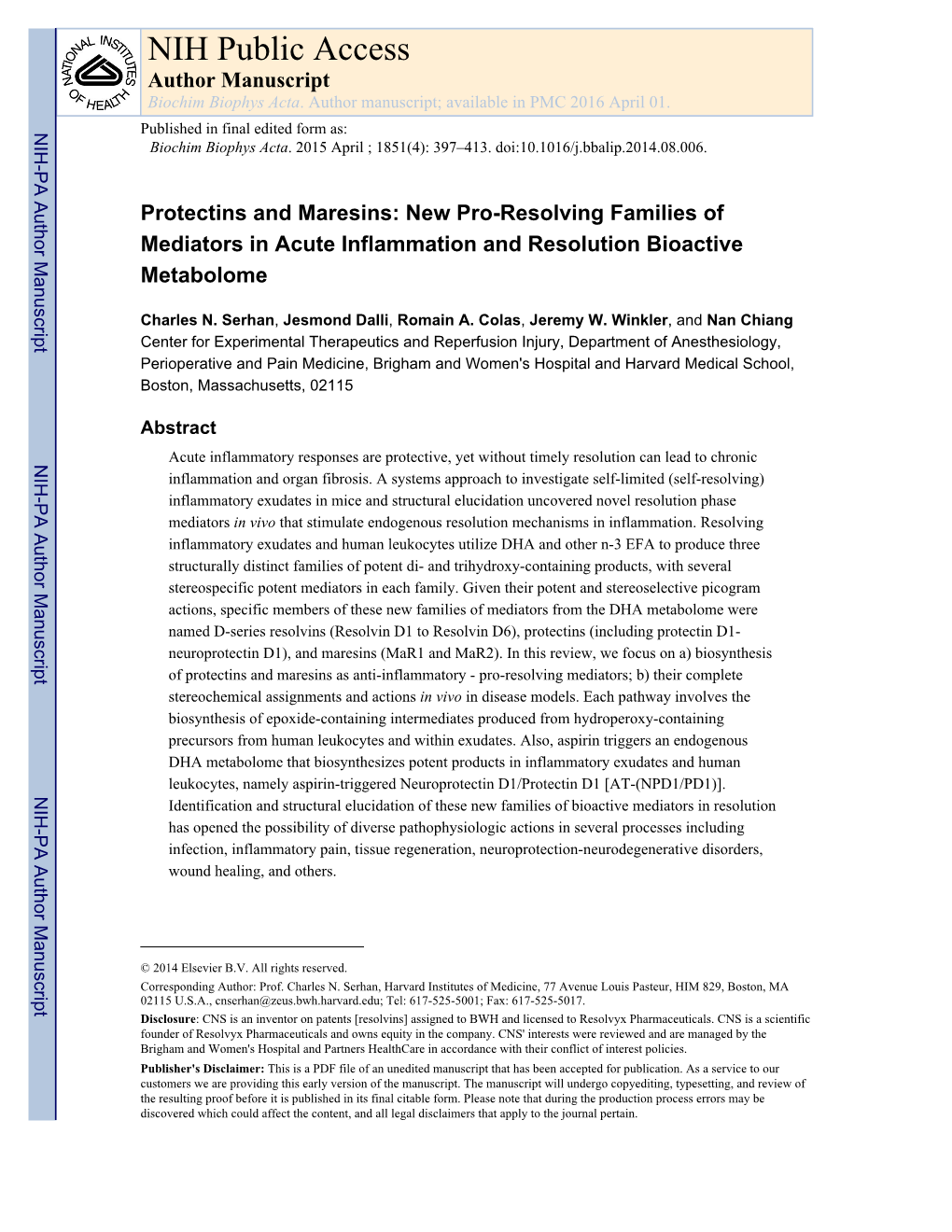 Protectins and Maresins – New Pro-Resolving Families of Mediators in Acute Inflammation and Resolution Bioactive Metabolome
