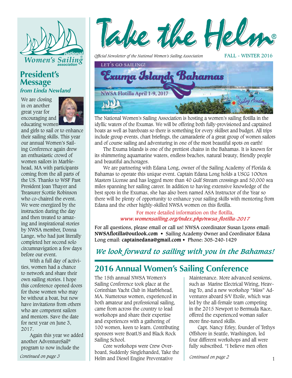 President's Message 2016 Annual Women's Sailing Conference