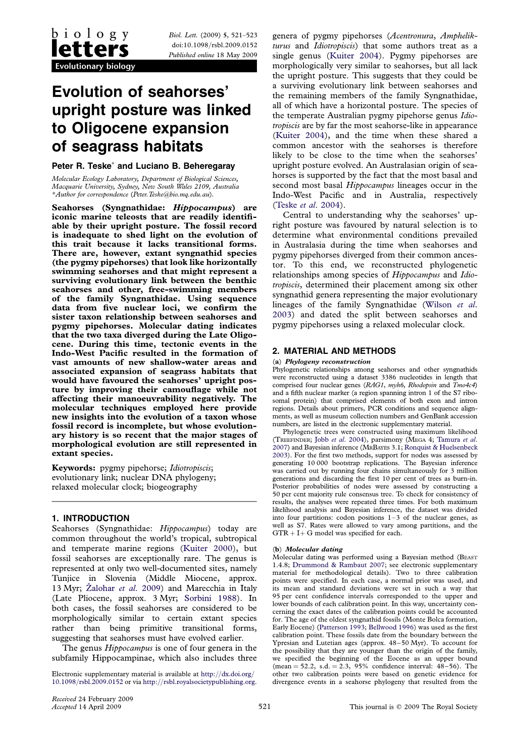 Evolution of Seahorses' Upright Posture Was Linked to Oligocene Expansion of Seagrass Habitats