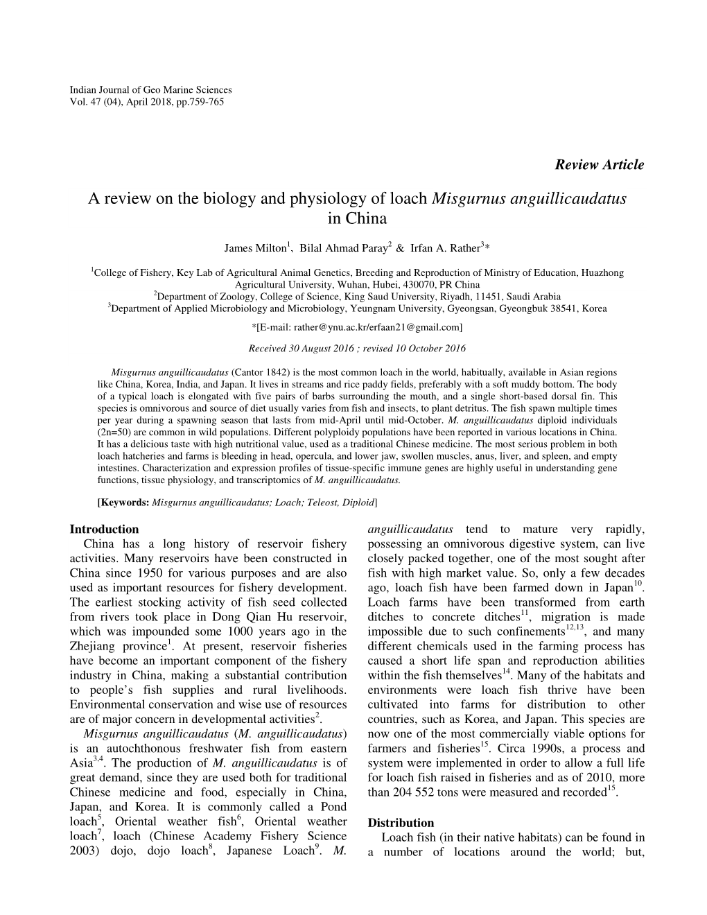 A Review on the Biology and Physiology of Loach Misgurnus Anguillicaudatus in China