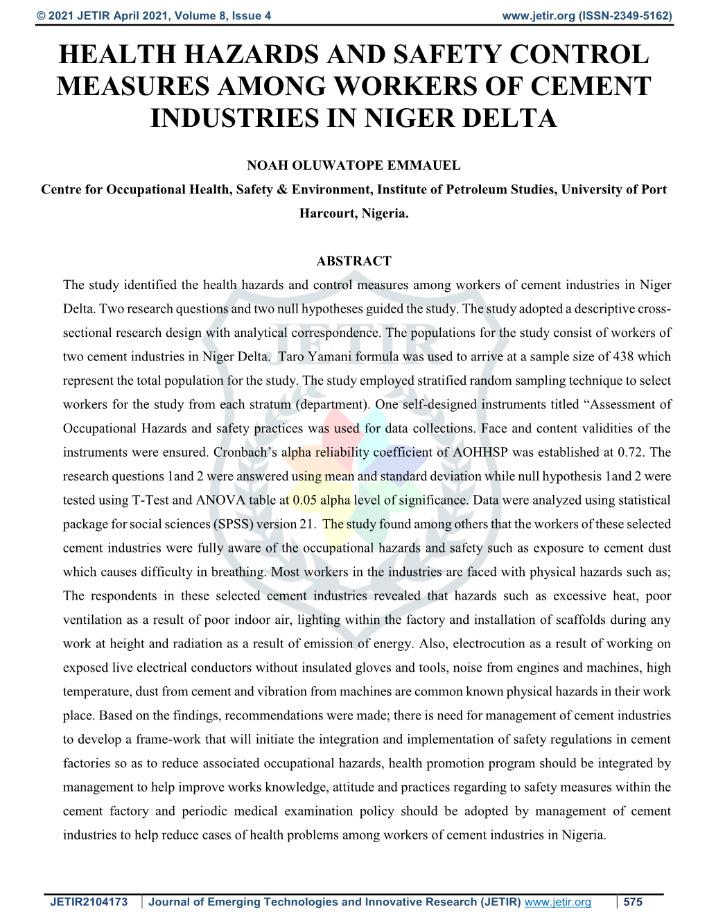 Health Hazards and Safety Control Measures Among Workers of Cement Industries in Niger Delta