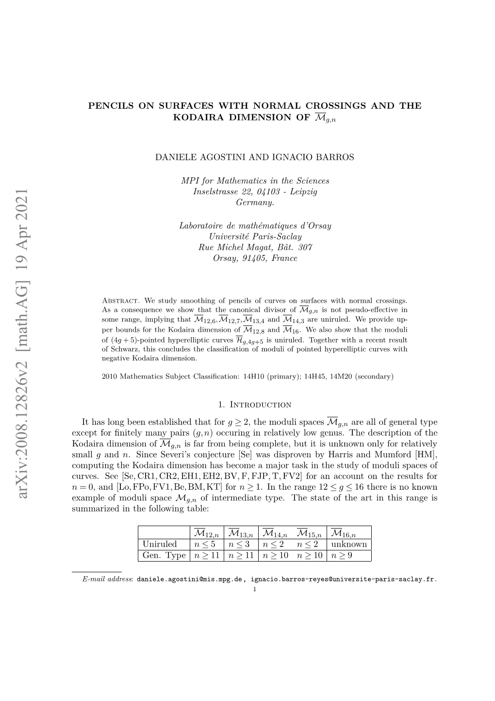 Arxiv:2008.12826V2 [Math.AG] 19 Apr 2021