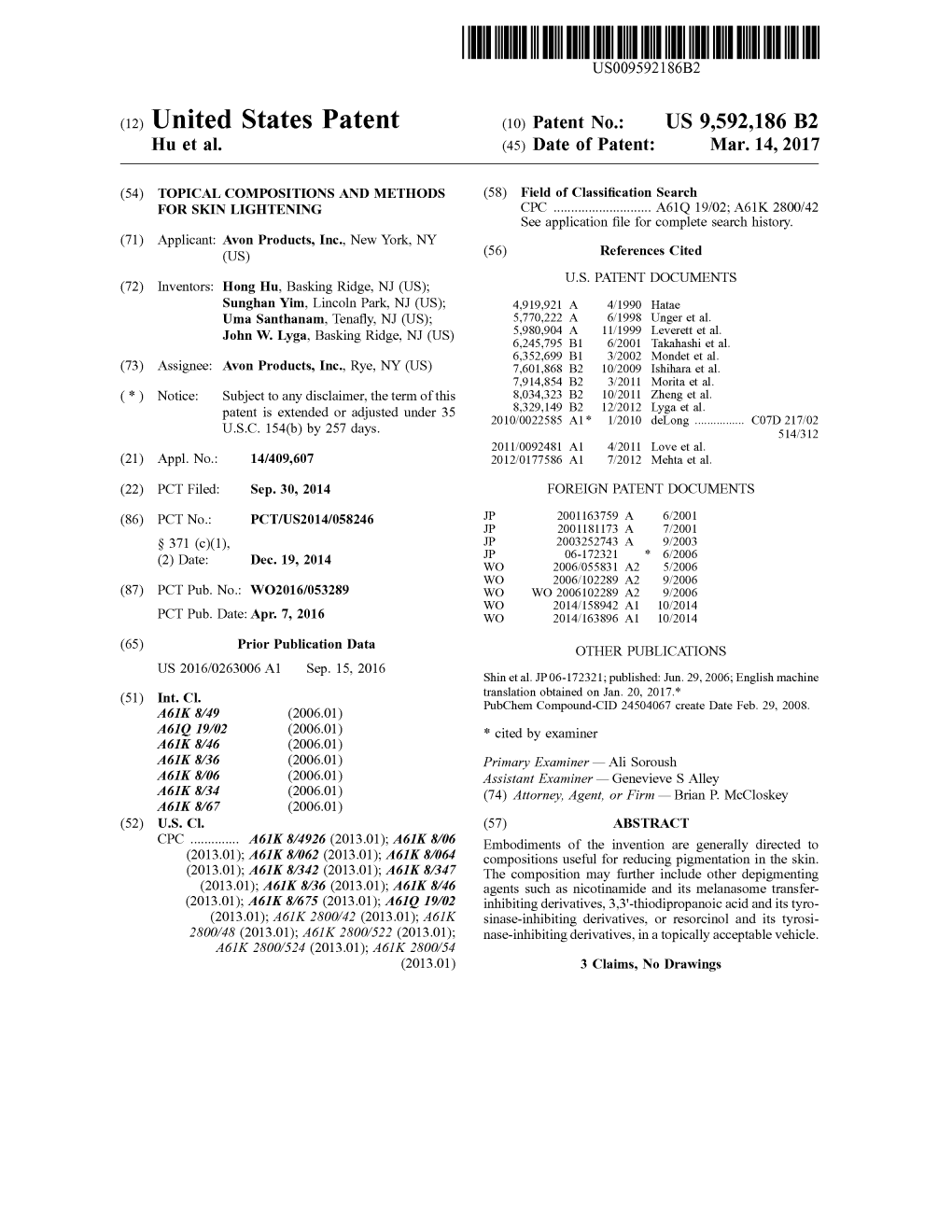 (12) United States Patent (10) Patent No.: US 9,592,186 B2 Hu Et Al