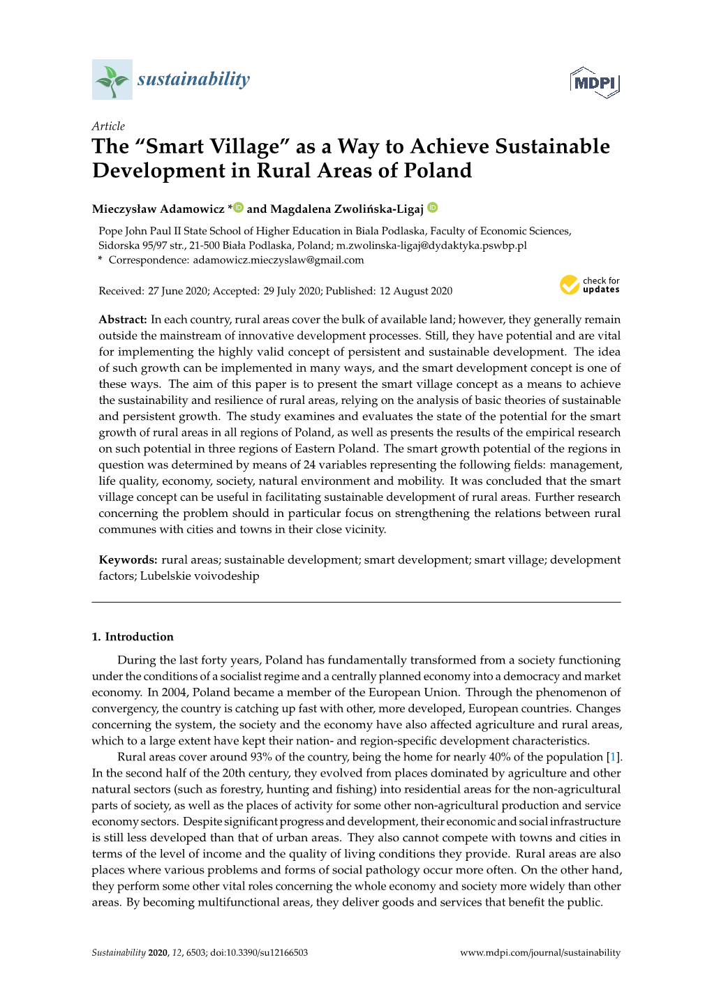 The “Smart Village” As a Way to Achieve Sustainable Development in Rural Areas of Poland