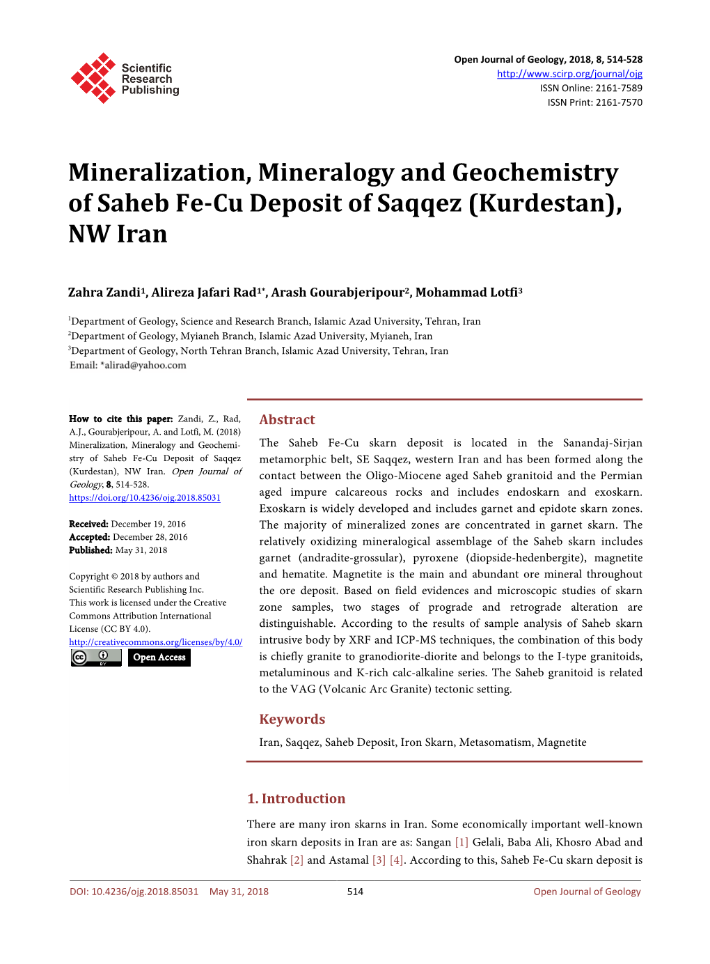 Mineralization, Mineralogy and Geochemistry of Saheb Fe-Cu Deposit of Saqqez (Kurdestan), NW Iran