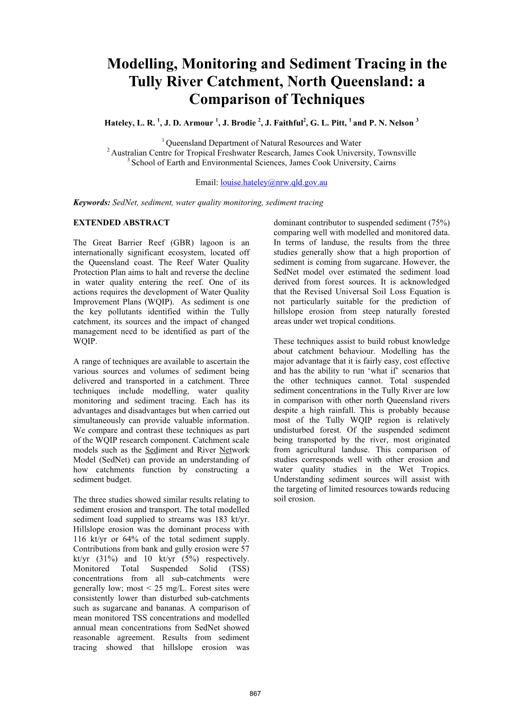 Modelling, Monitoring and Sediment Tracing in the Tully River Catchment, North Queensland: a Comparison of Techniques