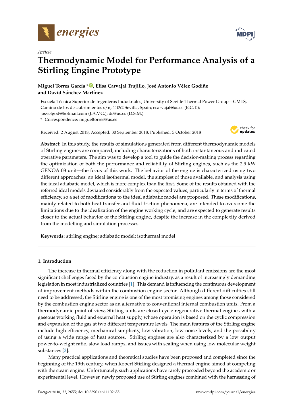 Thermodynamic Model for Performance Analysis of a Stirling Engine Prototype