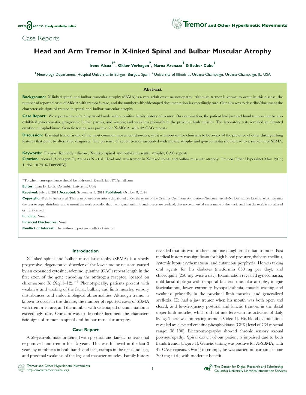 Head and Arm Tremor in X-Linked Spinal and Bulbar Muscular Atrophy