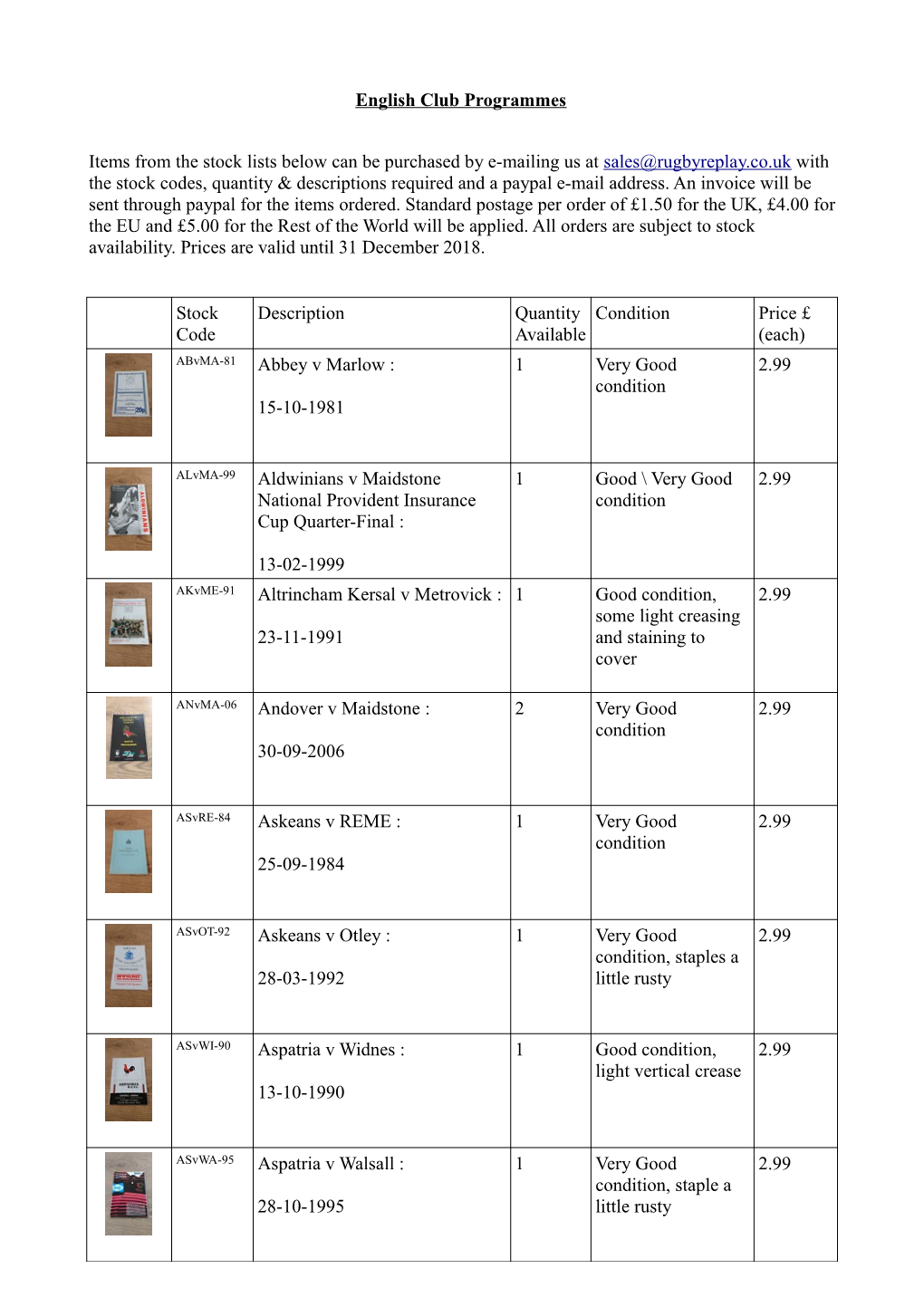 English Club Programmes Items from the Stock Lists Below Can Be