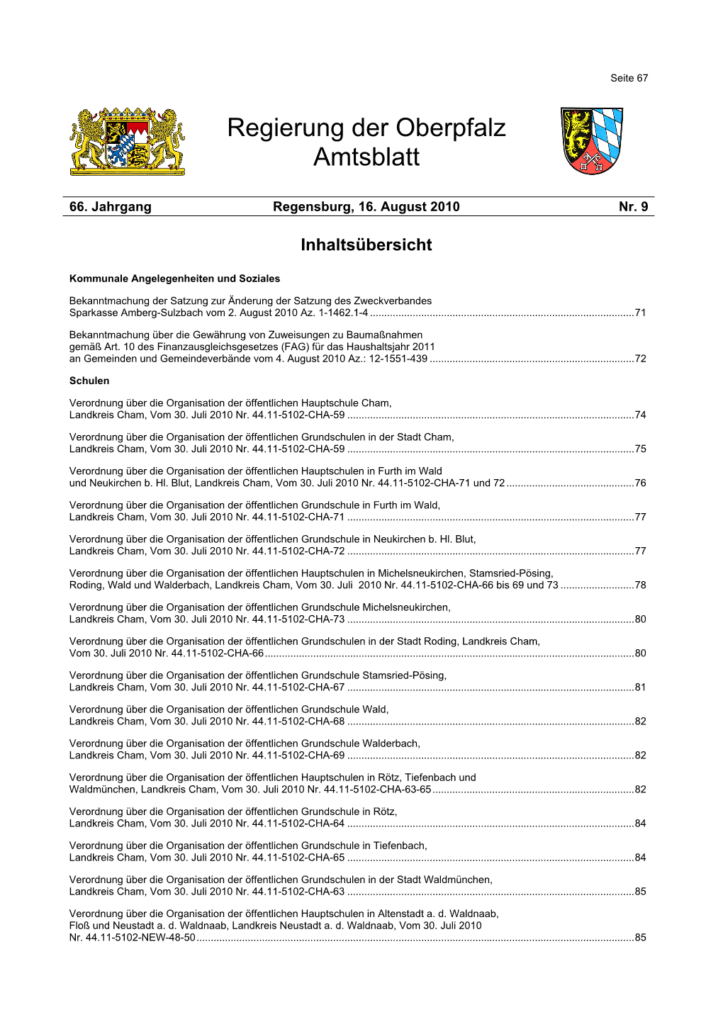 Amtsblatt Der Regierung Der Oberpfalz Nr. 9/2010