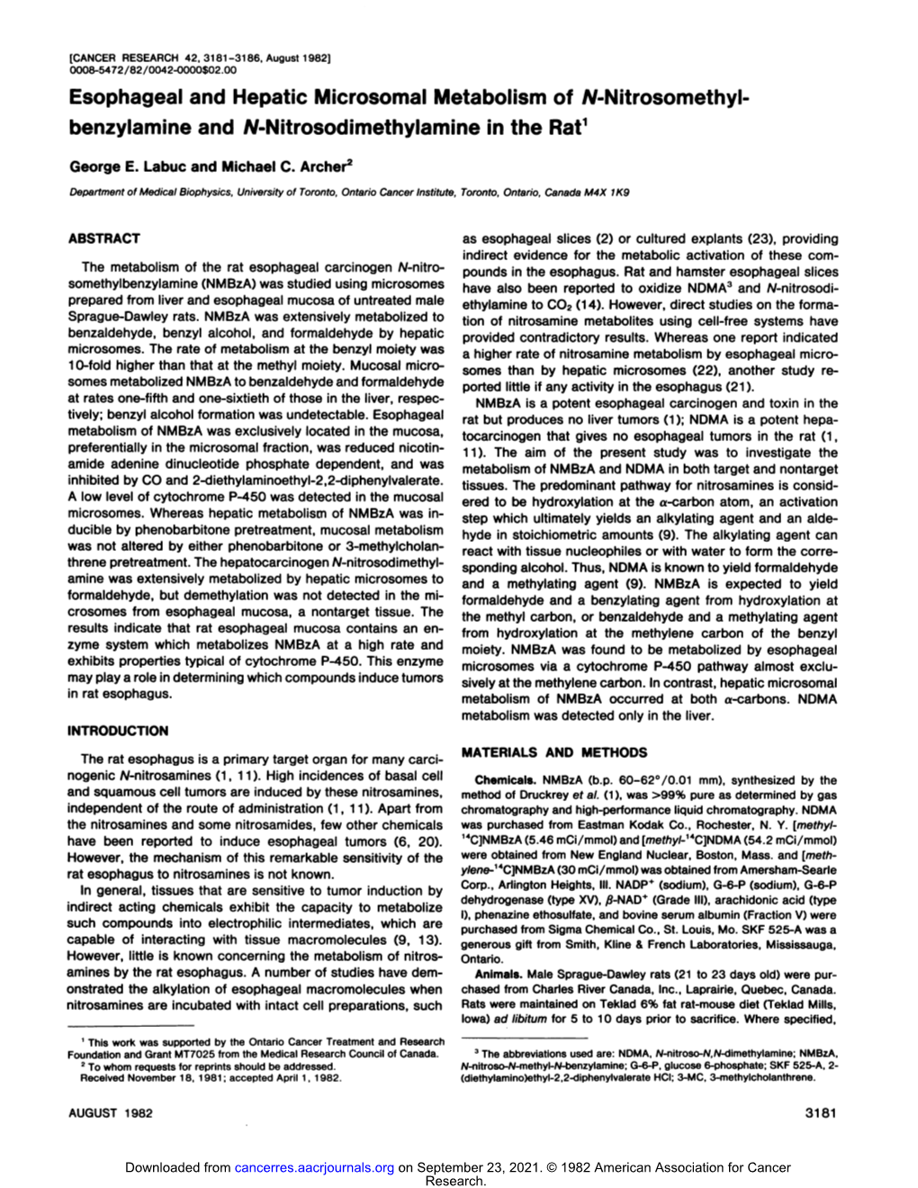 Esophageal and Hepatic Microsomal Metabolism of Ammitrosomethyl- Benzylamine and JV-Nitrosodimethylamine in the Rat1