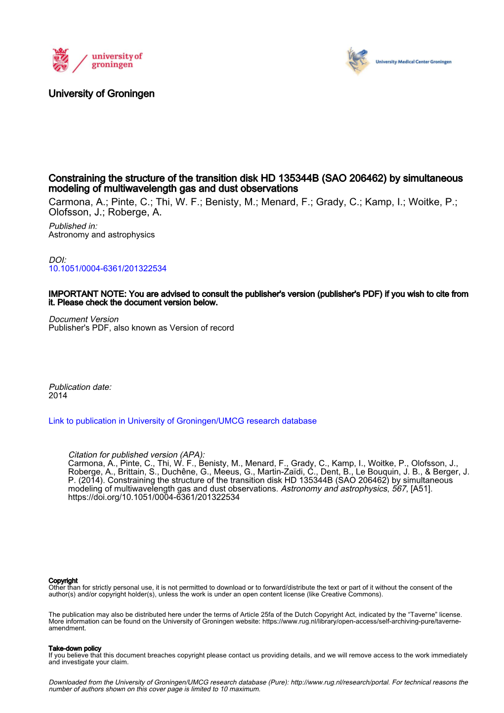 SAO 206462) by Simultaneous Modeling of Multiwavelength Gas and Dust Observations Carmona, A.; Pinte, C.; Thi, W